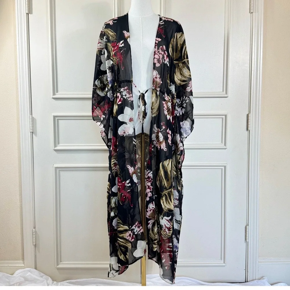 Walter Baker Floral Sheer Kimono Women's Size O/S Black Tropical Boho Longline